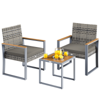 CASARIA® Rattan Sitzgruppe 3-tlg. | Grau | с Akazienholz-Tischplatte