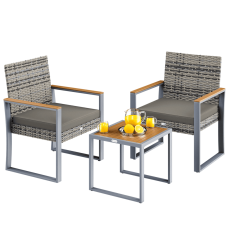 CASARIA® Rattan Sitzgruppe 3-tlg. | Grau | с Akazienholz-Tischplatte