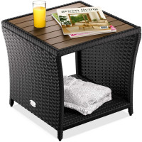 Polyrattan Side Table | Black | 40x45x45cm | Acacia Wood Top