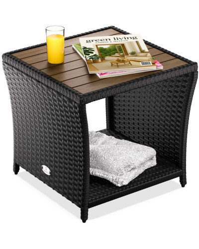 Grey Rattan Side Table with Acacia Wood Top