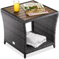 Polyrattan Beistelltisch | Grau | 40x45x45cm | Akazienholz-Platte