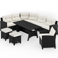 Polyrattan Corner Lounge Black Cream with WPC Table and Cushions