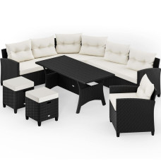Polyrattan Ecklounge Schwarz Creme mit WPC Tischplatte und Kissen