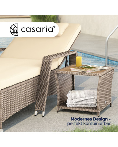 Cream Rattan Side Table with Acacia Wood Top