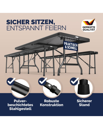 Bierzeltgarnitur 180cm Malmö 3-tlg Schwarz Klappbar HDPE