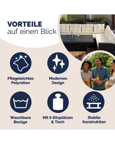 Polyrattan Lounge-Set Schwarz Creme WPC