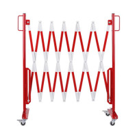 Scissor gate red-white with rollers, extendable barrier made of steel 3600mm