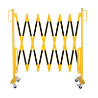 Scissor gate yellow-black with rollers, extendable steel scissors 3600 mm