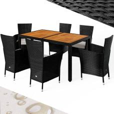 Polyrattan Sitzgruppe | Korfu | 7-tlg. | Akazienholz | Schwarz/Creme
