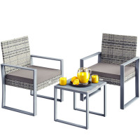 CASARIA® Rattan Sitzgruppe 3-tlg. | Grau | mit WPC Tisch & Auflagen