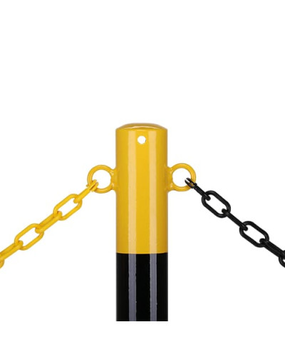 Barrier post 60 mm diameter, round, yellow-black, with ground sleeve, with eyelets for barrier chains. Buy in the online store.