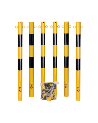 Barrier post 60 mm diameter, round, yellow-black, with ground sleeve, with eyelets for barrier chains. Buy in the online store.