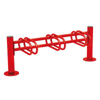 Bicycle rack Province brushed stainless steel, one-sided, 3 bicycles, PROCITY: Metal - Traffic Red, on base plates.