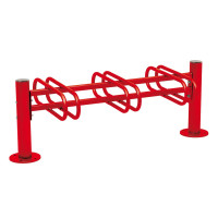 Bike rack Province brushed stainless steel, double-sided, 6 bikes, PROCITY: Metal - Traffic Red, on base plates.