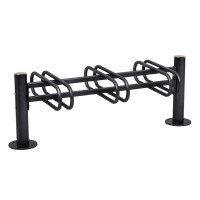 Bicycle Rack Province, Brushed Stainless Steel, Double-Sided, 6 Bicycles, PROCITY: Metal - Deep Black, on Ground Plates.