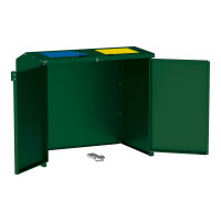 Steel Waste Bin Enclosure 770L/240L | With Back Wall | Finish: Moss Green | Upper Flaps: Blue-Yellow | Lockable