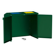 Mülltonnenbox Stahl 770L/240L | Mit Rückwand | Struktur: Moosgrün | Obere Klappen: Blau-Gelb | abschließbar