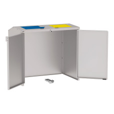 Mülltonnenbox Stahl 770L/240L | Mit Rückwand | Struktur: Seidengrau | Obere Klappen: Blau-Gelb | abschließbar