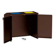 Mülltonnenbox Stahl 770L/240L | Mit Rückwand | Struktur: Schokoladenbraun | Obere Klappen: Blau-Gelb | abschließbar