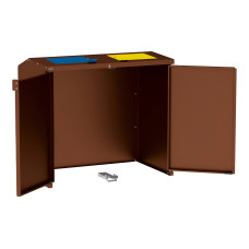 Mülltonnenbox Stahl 770L/240L | Mit Rückwand | Struktur: Rost Corten-Effekt | Obere Klappen: Blau-Gelb | abschließbar