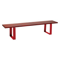 PROCITY RIGA STEEL AND TROPICAL WOOD BENCH WITHOUT BACKREST: softwood (mahogany) seat, steel (purplish-red) frame.