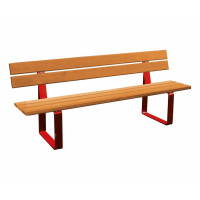 PROCITY RIGA STEEL AND SOFTWOOD BENCH WITH BACKREST: Seat surface made of tropical wood (light oak), frame made of steel (traffic red).