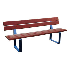 PROCITY RIGA STEEL AND SOFTWOOD BENCH WITH BACKREST: Seat made of tropical wood (mahogany), frame made of steel (gentian blue).