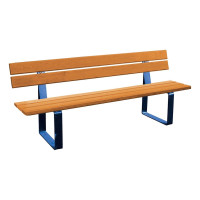 Procity bench Riga made of steel and soft wood with backrest: seat surface made of tropical wood (light oak), frame made of steel (gentian blue).