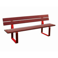 PROCITY RIGA STEEL AND TROPICAL WOOD BENCH WITH BACKREST: Seating surface made of tropical wood (mahogany), frame made of steel (traffic red).