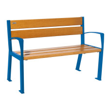 PROCITY SITZBANK SILAOS 5 HOLZLATTEN - MIT ARMLEHNE - HOLZ & STAHL: Sitzfläche aus Eichenholz (helle Eiche), Gestel aus Stahl (Enzianblau)