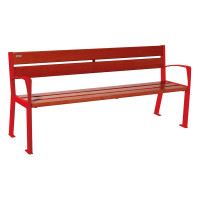 PROCITY SILAOS 5 WOODEN SLATS BENCH - WITH ARMREST - WOOD & STEEL: Seat made of Oak wood (Mahogany), Frame made of steel (Traffic Red).
