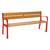 PROCITY Wooden Bench SILAOS 5 Wooden Slats - with Armrest - Wood & Steel: Seat made of oak wood (light oak), frame made of steel (traffic red).
