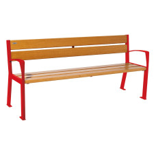 PROCITY SITZBANK SILAOS 5 HOLZLATTEN  - MIT ARMLEHNE - HOLZ & STAHL: Sitzfläche aus Eichenholz (helle Eiche), Gestel aus Stahl (Verkehrsrot)