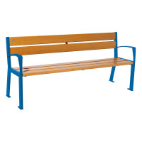 PROCity bench SILAOS 5 wooden slats - with armrest - wood & steel: Seat made of oak wood (light oak), frame made of steel (gentian blue).