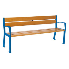 PROCITY SITZBANK SILAOS 5 HOLZLATTEN  - MIT ARMLEHNE - HOLZ & STAHL: Sitzfläche aus Eichenholz (helle Eiche), Gestel aus Stahl (Enzianblau)