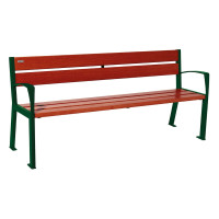 PROCITY SILAOS 5 WOOD SLAT BENCH - WITH ARMREST - WOOD & STEEL: Seat made of oak wood (Mahogany), frame made of steel (Moss Green).