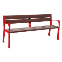 PROCITY SILAOS 5 BATTEN BENCH - WITH ARMREST - STEEL & RECYCLING PLASTIC: Seat surface made of recycled plastic (traffic red), frame made of steel (traffic red).