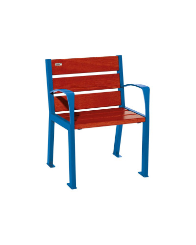 Buy PROCITY chair SILAOS 6 WOODEN SLATS - WITH ARMREST - WOOD & STEEL: Seat made of oak wood (Mahogany), Frame made of steel (Gentian Blue) - Shop Online.