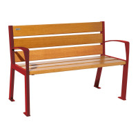 PROCITY SILAOS 6 WOODEN SLATS BENCH - WITH ARMREST - WOOD & STEEL: Seat made of oak wood (light oak), frame made of steel (purple-red).