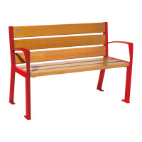 PROCITY SILAOS 6 WOOD SLATS BENCH WITH ARMREST - WOOD & STEEL: Seat made of oak wood (light oak), Frame made of steel (traffic red).