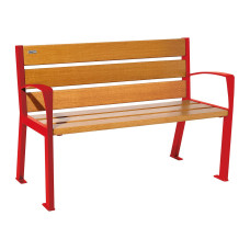 PROCITY SITZBANK SILAOS 6 HOLZLATTEN - MIT ARMLEHNE - HOLZ & STAHL: Sitzfläche aus Eichenholz (helle Eiche), Gestel aus Stahl (Verkehrsrot)