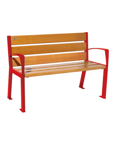 Holzbank SITZBANK SILAOS 6 HOLZLATTEN - MIT ARMLEHNE - HOLZ & STAHL: Sitzfläche aus Eichenholz (helle Eiche), Gestell aus Stahl (Verkehrsrot) - Kaufen Sie im Online-Shop.