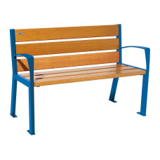 PROCITY SITZBANK SILAOS 6 HOLZLATTEN - MIT ARMLEHNE - HOLZ & STAHL: Sitzfläche aus Eichenholz (helle Eiche), Gestel aus Stahl (Enzianblau)