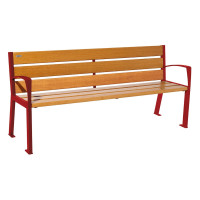 PROCITY SITZBANK SILAOS 6 HOLZLATTEN - MIT ARMLEHNE - HOLZ & STAHL: Sitzfläche aus Eichenholz (helle Eiche), Gestel aus Stahl (Purpurrot)