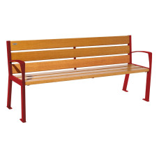 PROCITY SITZBANK SILAOS 6 HOLZLATTEN - MIT ARMLEHNE - HOLZ & STAHL: Sitzfläche aus Eichenholz (helle Eiche), Gestel aus Stahl (Purpurrot)