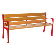 PROCITY SITZBANK SILAOS 6 HOLZLATTEN - MIT ARMLEHNE - HOLZ & STAHL: Sitzfläche aus Eichenholz (helle Eiche), Gestel aus Stahl (Verkehrsrot)