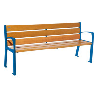 PROCITY SITZBANK SILAOS 6 HOLZLATTEN - MIT ARMLEHNE - HOLZ & STAHL: Sitzfläche aus Eichenholz (helle Eiche), Gestel aus Stahl (Enzianblau)