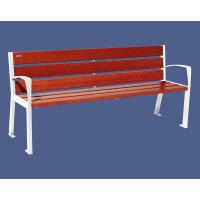 PROCITY SILAOS 6 WOODEN SLAT BENCH WITH ARMREST - WOOD & STEEL: Seat made of oak wood (mahogany), frame made of steel (pure white).