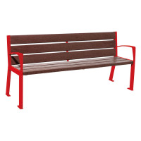 Procity Bench Silaos 6 Slats with Armrest - Steel & Recycled Plastic: Seat made of recycled plastic (traffic red), frame made of steel (traffic red).