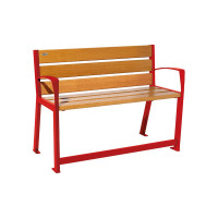 PROCITY SITZBANK SILAOS FÜR SENIOREN 6 HOLZLATTEN - MIT ARMLEHNE - HOLZ & STAHL: Sitzfläche aus Eichenholz (helle Eiche), Gestel aus Stahl (Verkehrsrot)